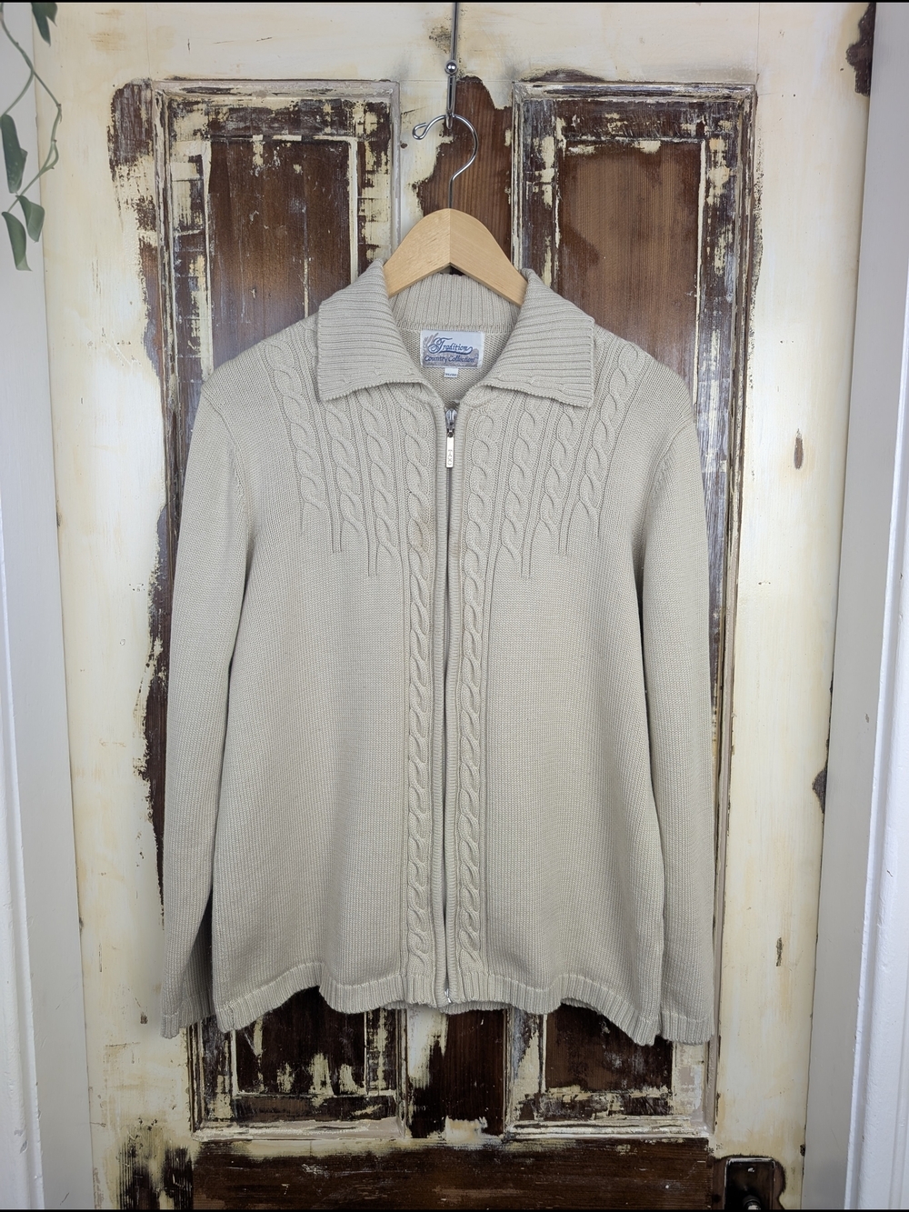 Vintage Tradition Beige Cable Knit Zip Cardigan Cottagecore Fits M/L